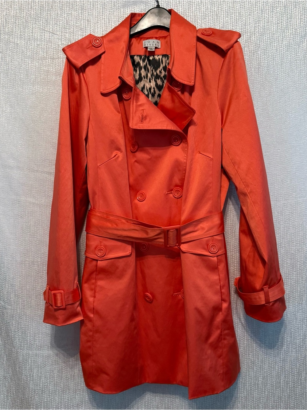 Joan Rivers Classic Double Breast Trench Raincoat Size Large Orange Belted